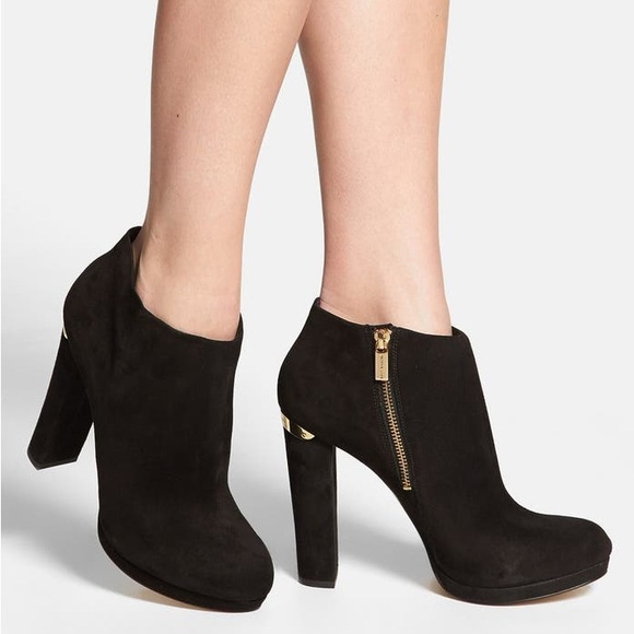 Michael Kors Haven Platform Booties Black Suede Ankle with Gold Accents 9 M - Picture 1 of 14